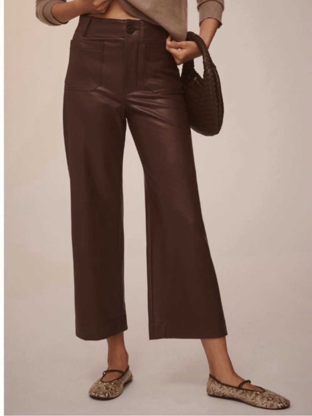 Anthropologie Maeve Colette Faux-Leather Wide-Leg Crop Pants in Chocolate Brown - Picture 4 of 5